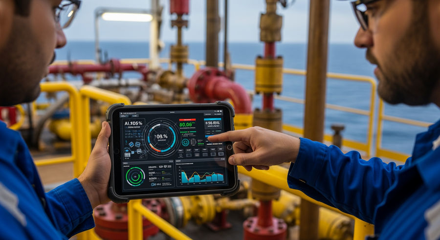 Technicians using tablet to control AI systems on oil platform with data visualizations