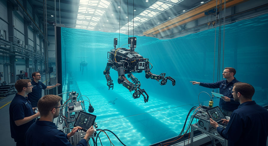 Wide shot of robot in large aquatic facility with engineers observing