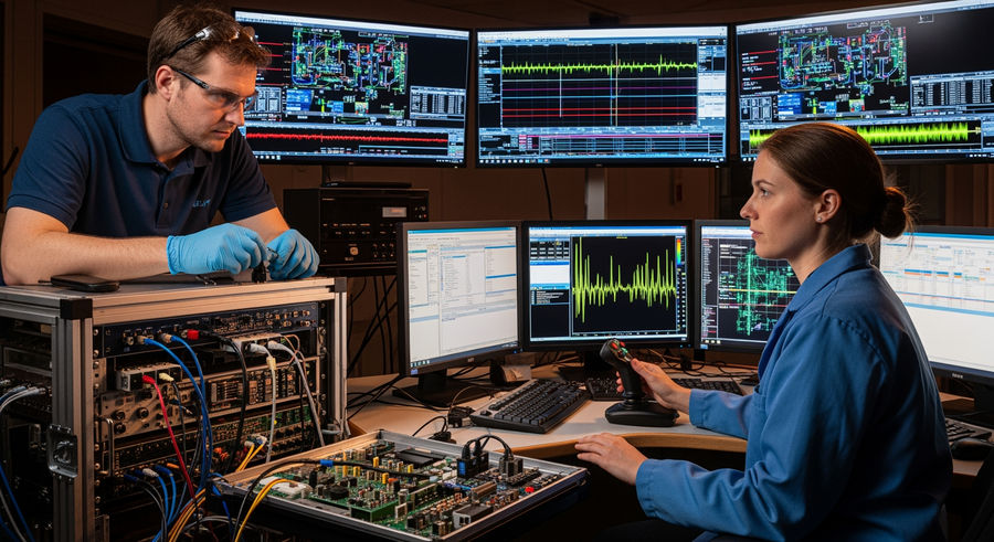 scientists calibrating gravitational wave detector in control room