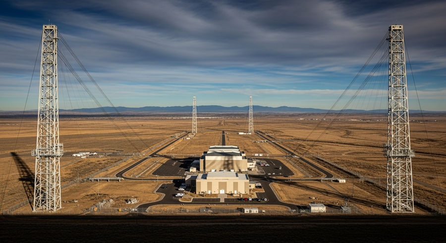 wide shot of LIGO facility with landscape and extended arms