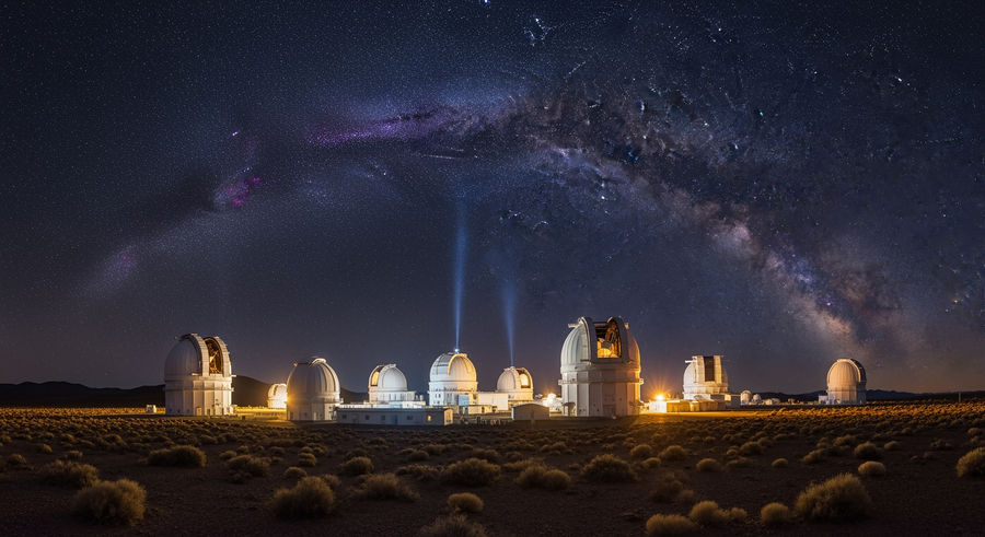 Observatory in desert landscape under starry sky for exoplanet discovery