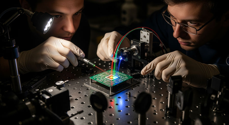 researchers adjusting photonic circuit with interacting light beams