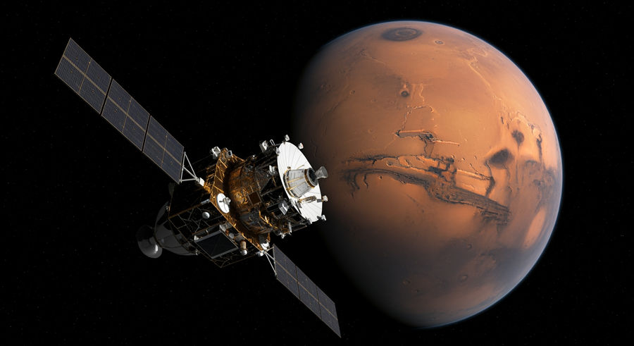 Mars Express spacecraft in space with Mars in the background showing size context