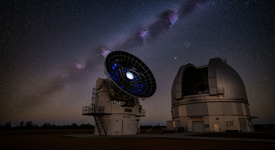 Observatory with Dark Energy Camera under night sky capturing cosmic phenomenon