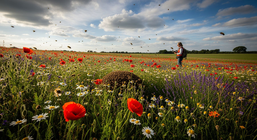 meadow with flowers, bees, and researcher observing natural habitat