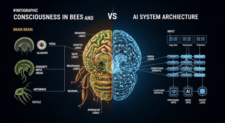 comparison of bee brain structure and AI system architecture diagrams