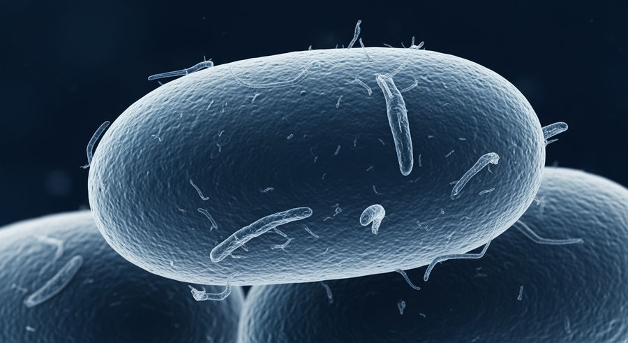 Close-up of dead bacterium surface with microplastics adhering