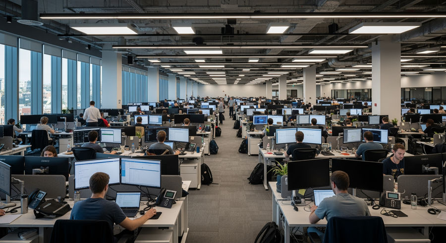 Databricks open-plan office with engineers and data scientists working on AI