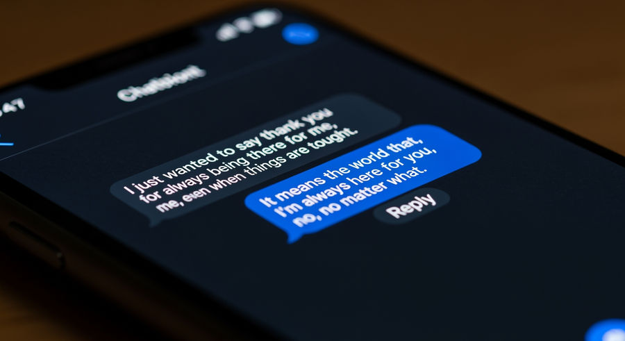 Close-up of chatbot interface on smartphone with heartfelt messages