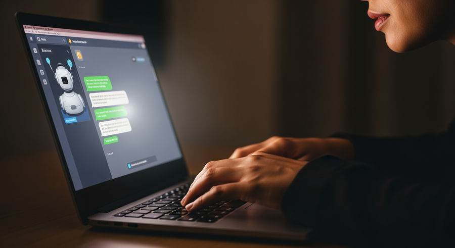 Person typing on laptop keyboard while interacting with chatbot