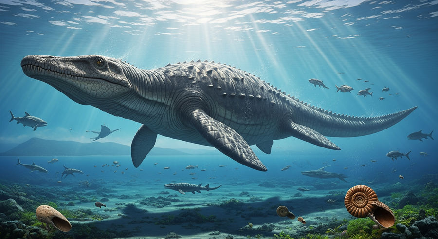 Liopleurodon in Jurassic marine environment with smaller creatures