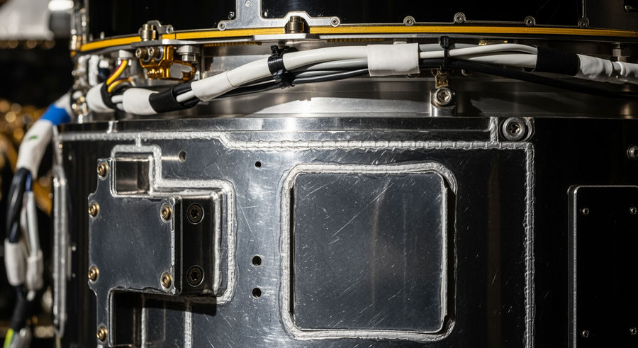 Close-up of L-band radar component on NISAR satellite with detailed structure and texture