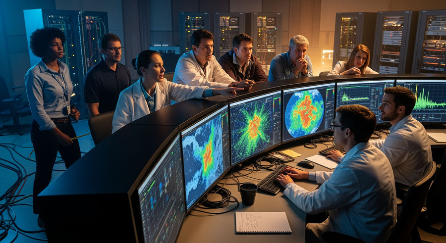 Scientists monitoring real-time data from NISAR satellite in control room with radar images