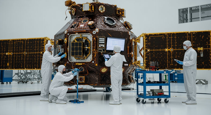 Engineers testing Plato spacecraft inside Maxwell Test Chamber