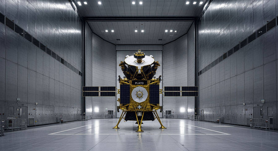 Wide shot of Plato spacecraft in large Maxwell Test Chamber