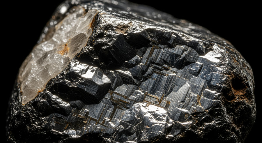 Close-up of rare meteorite fragment with crystalline structures and metallic sheen