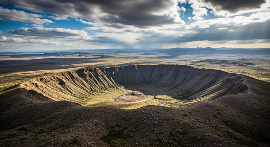 Wide view of impact crater in landscape showing scale against vast environment