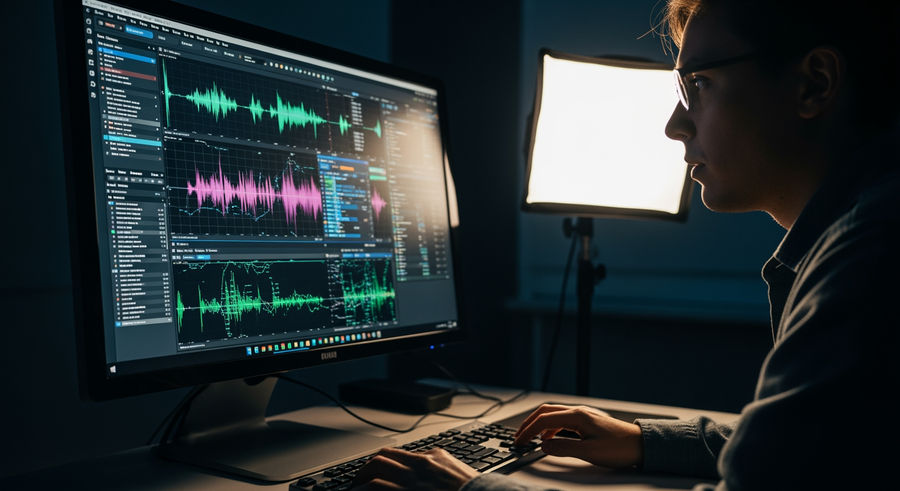 Researcher using AI software to analyze speech patterns for dementia risk