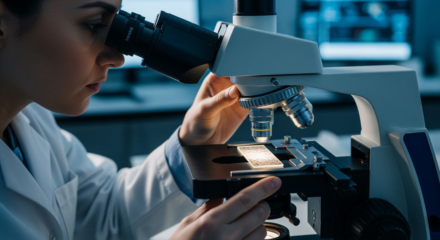 scientist examining stool sample under microscope identifying gut bacteria