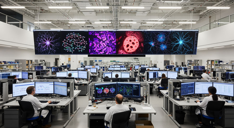 research facility studying gut-brain connection with workstations and data screens