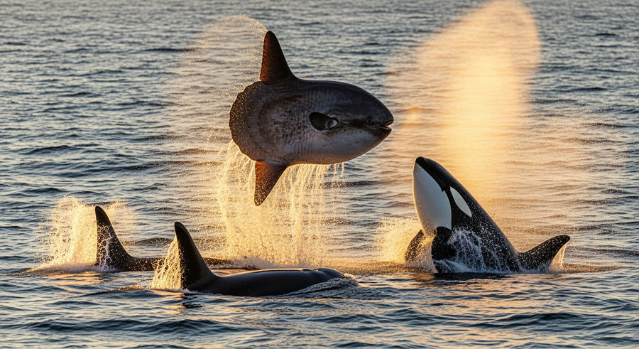 Orcas working together to smash sunfish in water