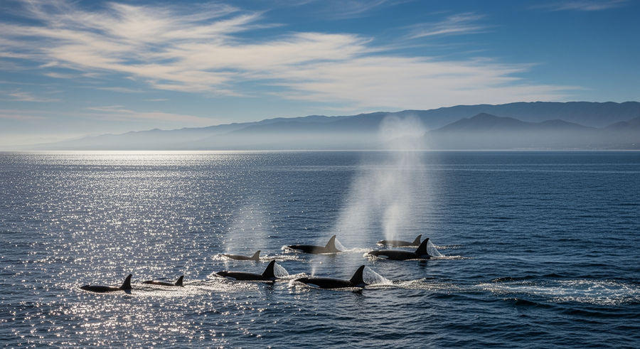 Gulf of California with orcas and distant coastline