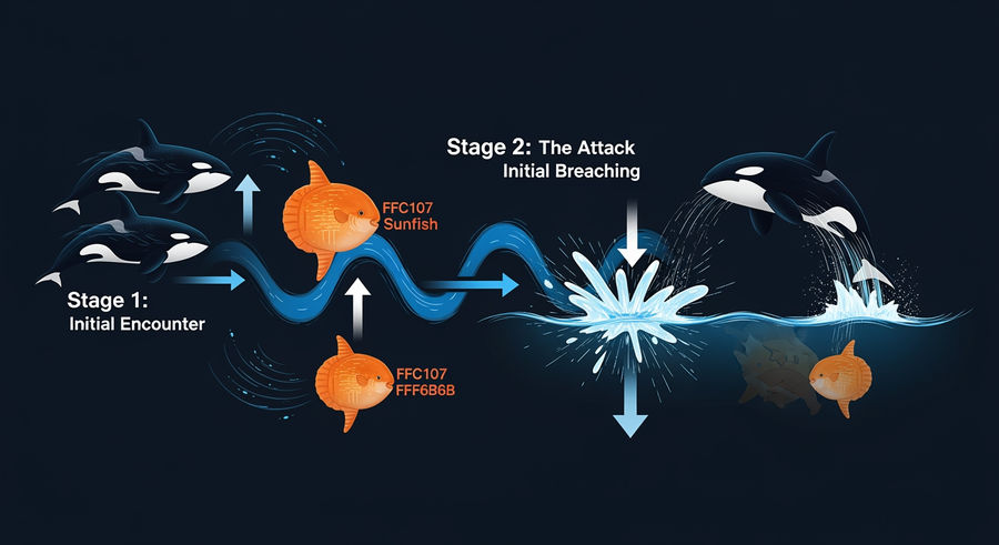 Process flow of orcas smashing sunfish into pieces