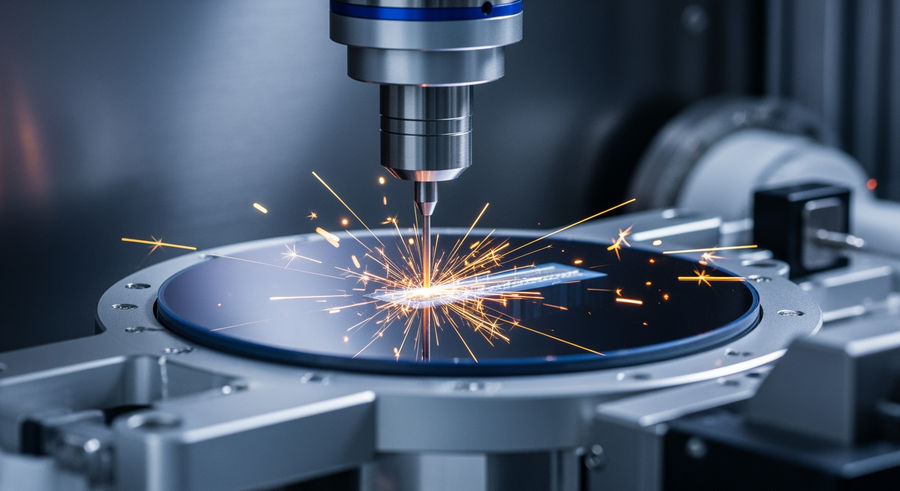 FIB milling process on semiconductor wafer with visible beams and sparks