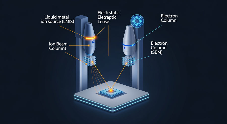 Component diagram of ZEISS Crossbeam 750 FIBSEM with ion beam and electron columns