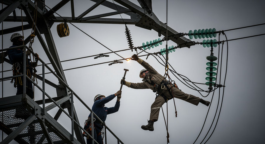 Workers maintaining power line for grid management