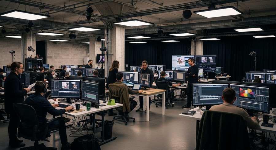 Wide shot of media production studio with creators working on various projects