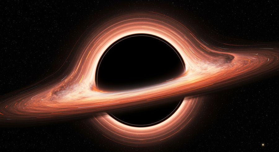 Close-up of black hole event horizon with light bending and distortion