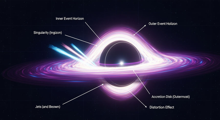 Diagram of black hole structure with event horizon and singularity
