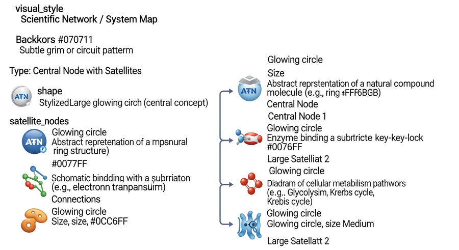 3D model of ATP structure and enzyme interaction with labels