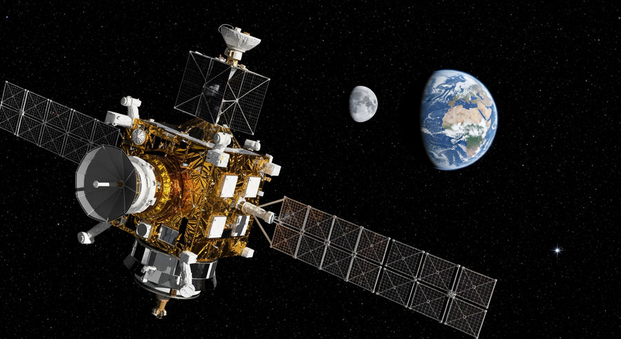 ESCAPADE spacecraft capturing Earth-Moon image with instruments extended