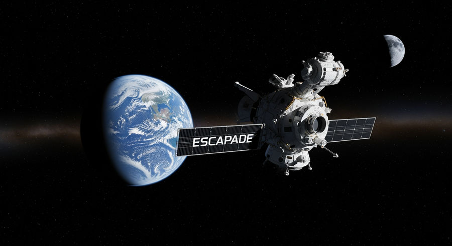 ESCAPADE spacecraft in space with Earth and Moon in background