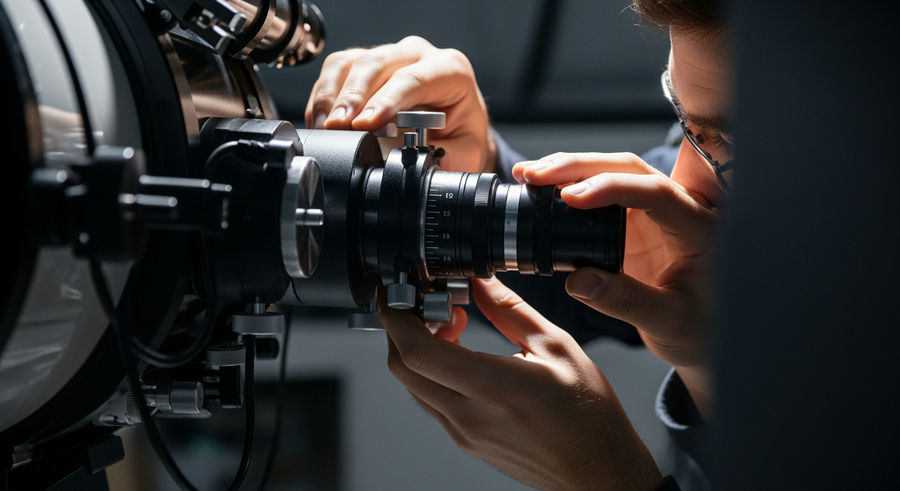 Researcher adjusting telescope settings with precision