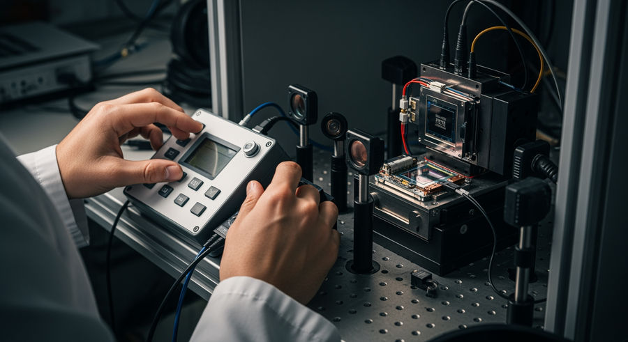 scientist adjusting control panel with connected optical chip