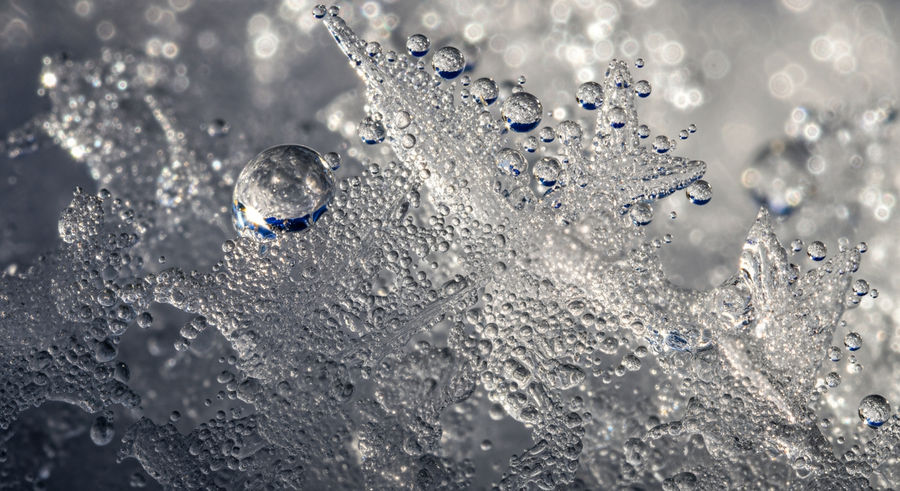 Close-up of melting ice crystal with water droplets