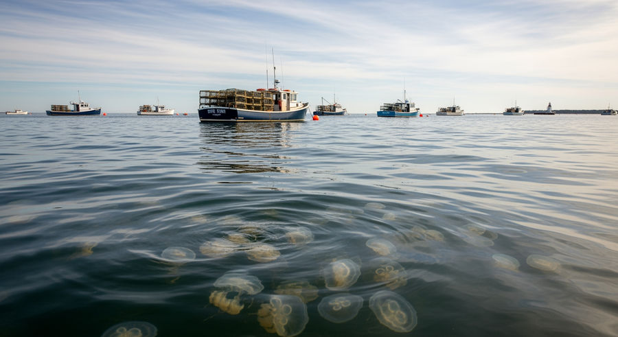 jellyfish near Cape Cod coast with boats for scale