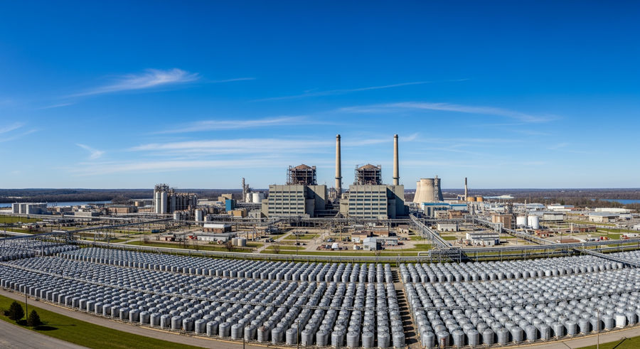 Wide shot of Paducah facility with storage cylinders under clear sky
