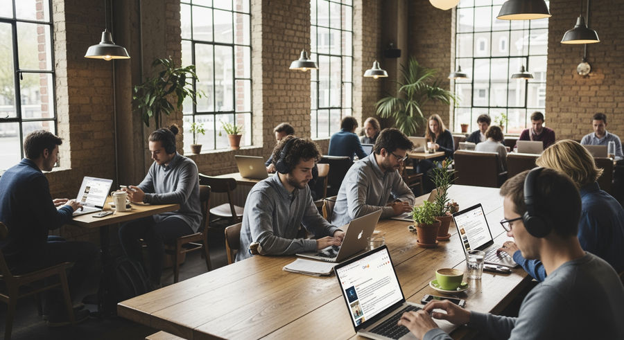 People using Google search in a busy coffee shop