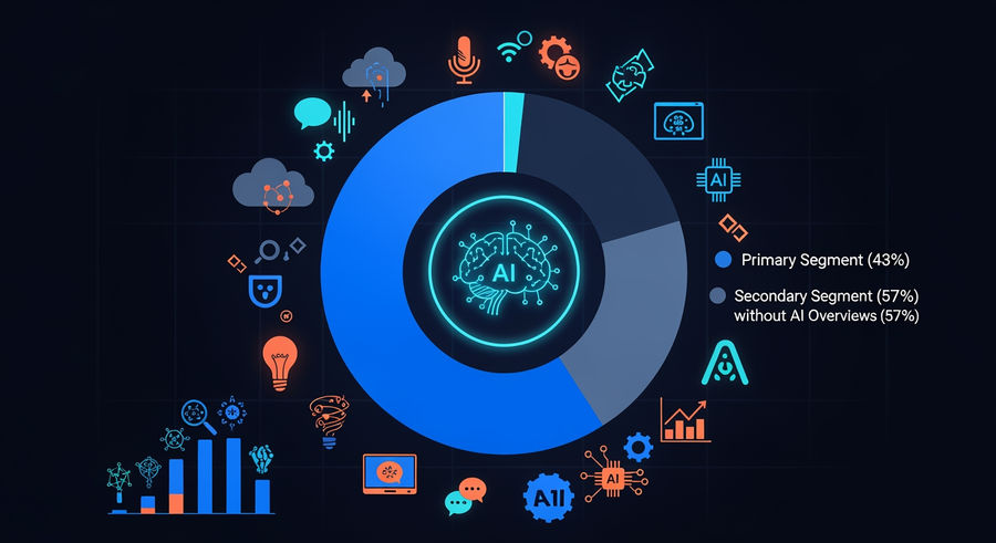 Donut chart showing 43% of Google searches use AI Overviews