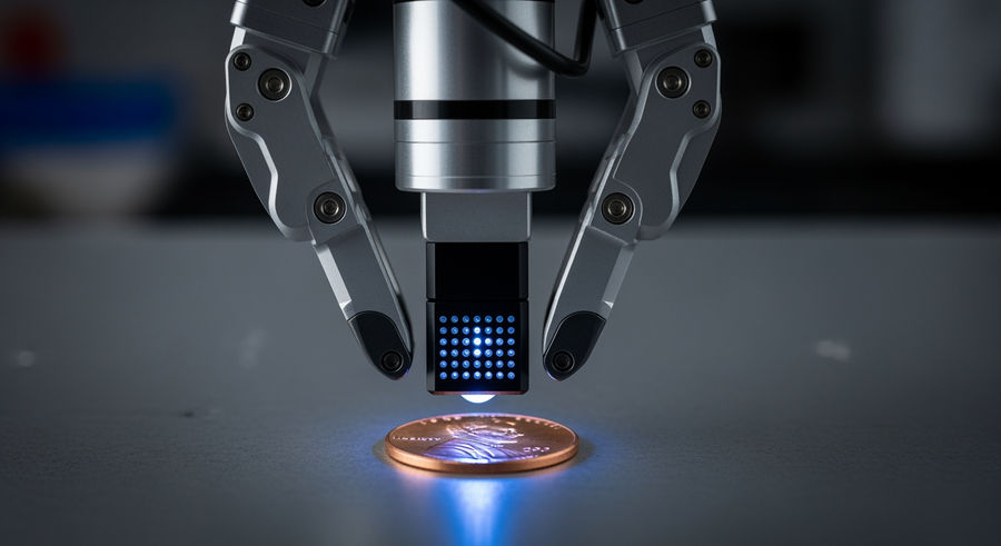 robotic arm scanning U.S. penny with precision touch sensors