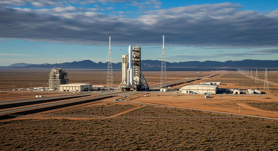 Wide shot of rocket on launchpad with surrounding landscape and infrastructure