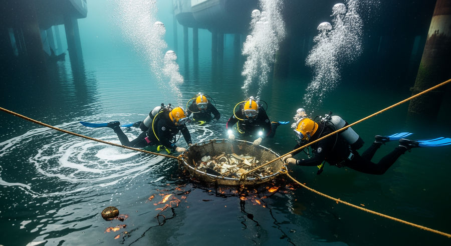 divers removing debris and oil from polluted port with equipment