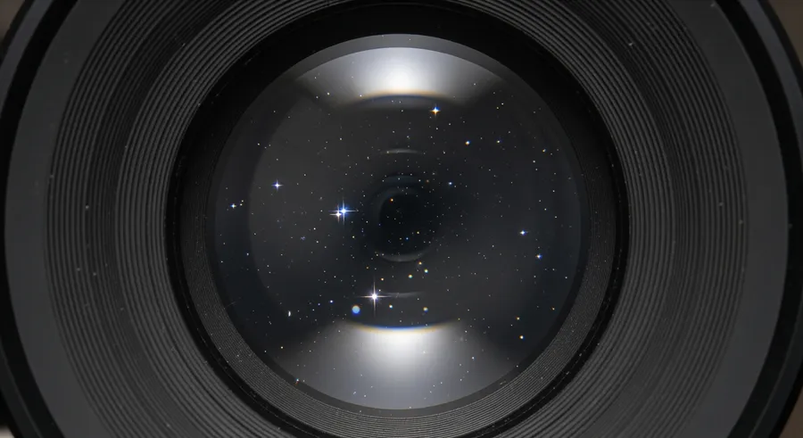 Close-up of telescope lens with star reflections