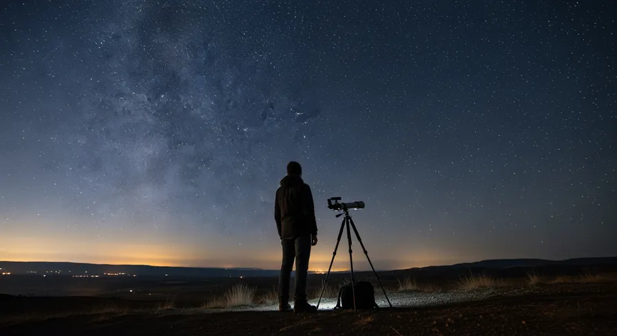 Person with pocket-sized telescope on tripod under night sky