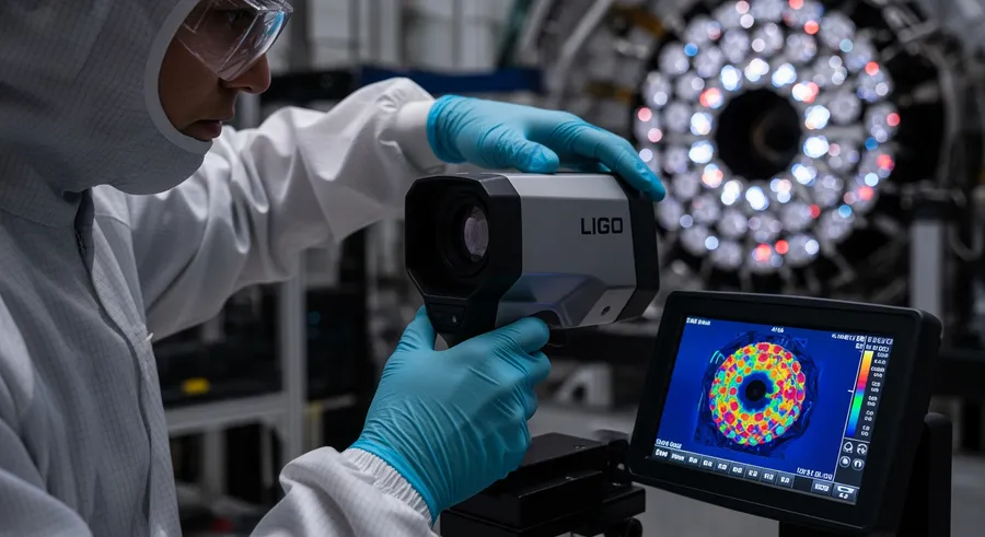 Researcher adjusting thermal imaging camera towards LIGO mirrors