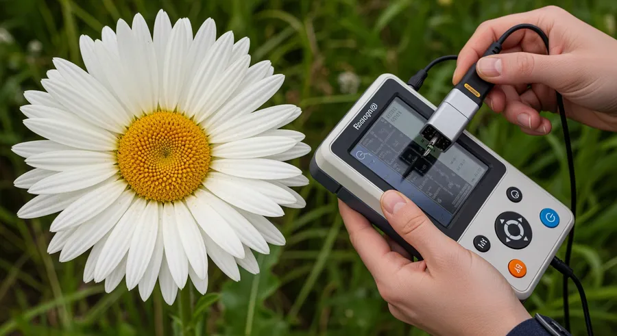 Researcher analyzing giant daisy DNA with sequencer